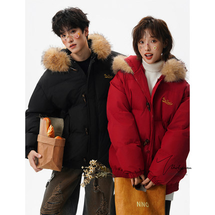 V37高级感重磅毛领情侣派克棉服男冬美式潮牌牛角扣连帽保暖棉衣