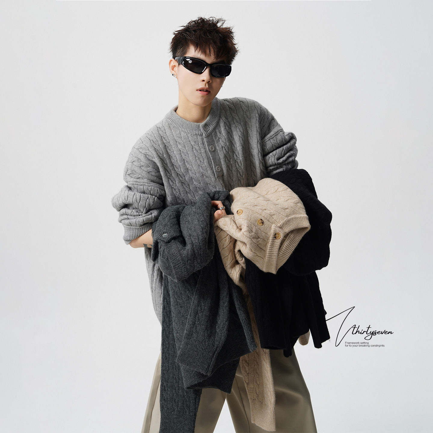 V37复古慵懒风麻花纹理针织衫男春季美式格雷系亨利领套头毛衣潮