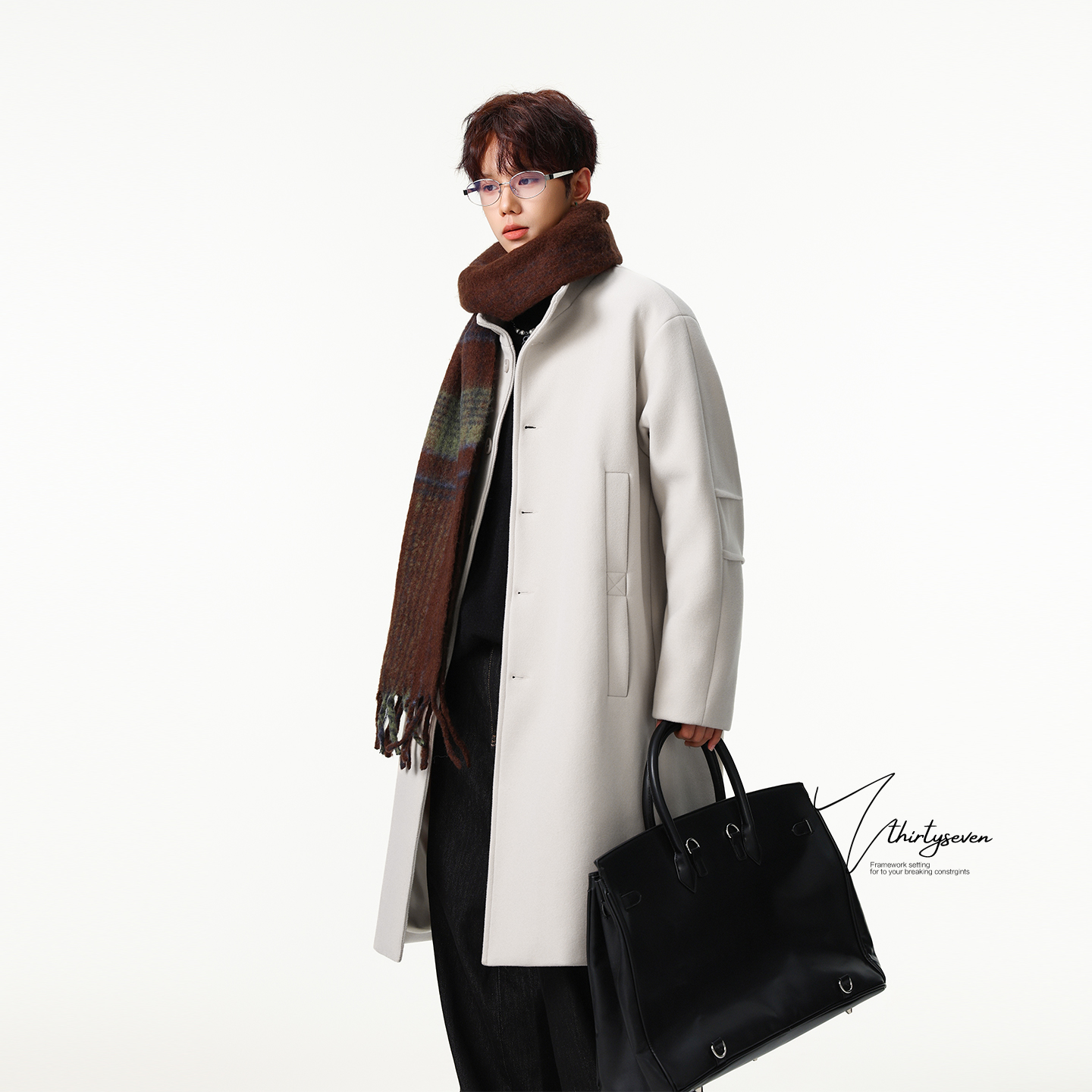 韩系氛围感痞帅中长款毛呢大衣男