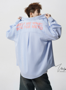 日系cityboy蓝色条纹印花长袖衬衫男秋季宽松百搭学院风休闲衬衣