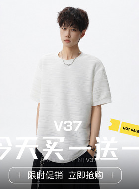 V37美式立体波浪纹理短袖T恤男夏季潮牌街头宽松休闲白色半袖上衣