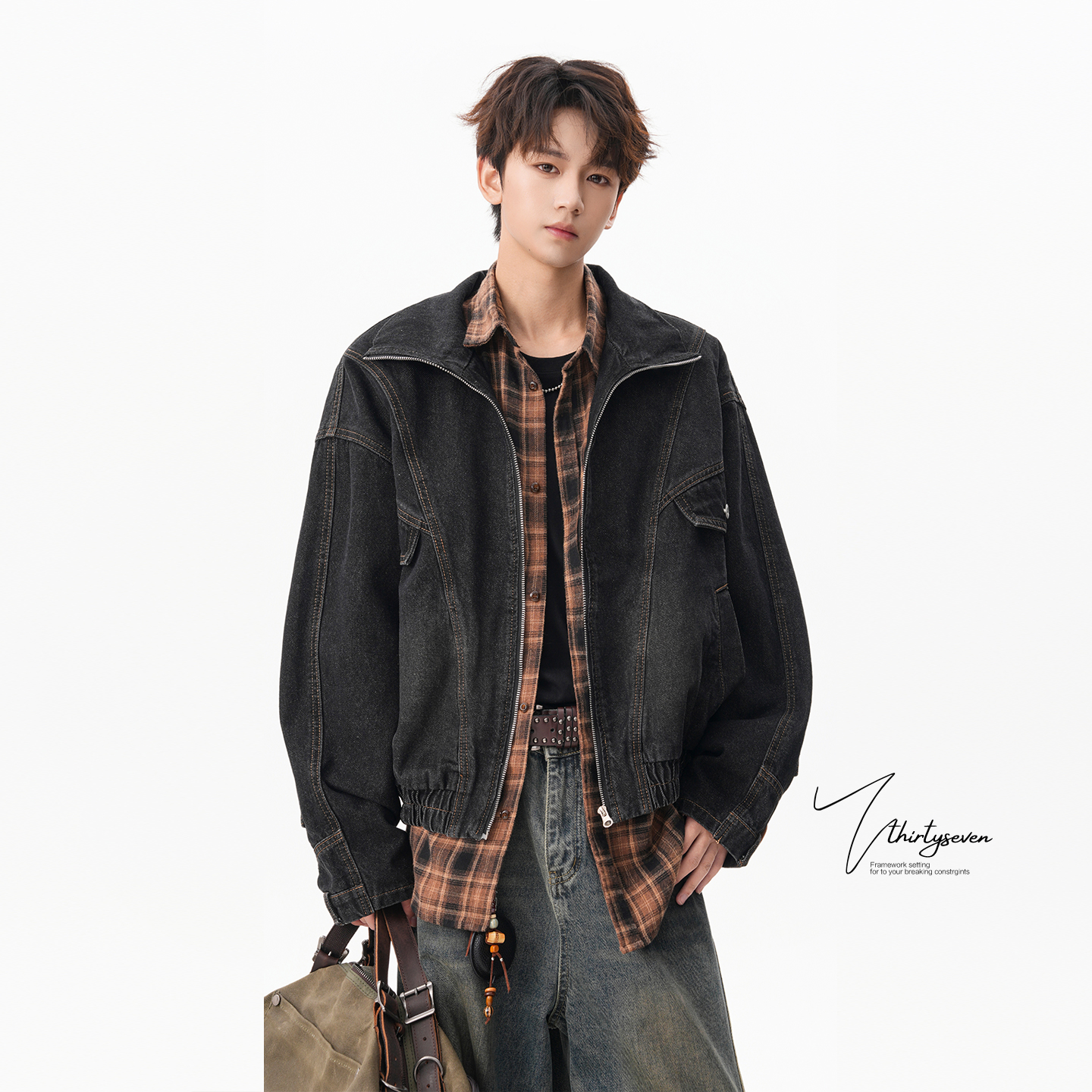 美式解构倒装分割立领牛仔外套