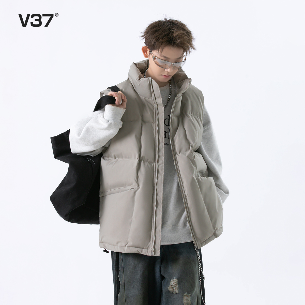 V37慵懒风马甲男款秋冬季棉服宽松休闲高街潮流百搭无袖立领外套
