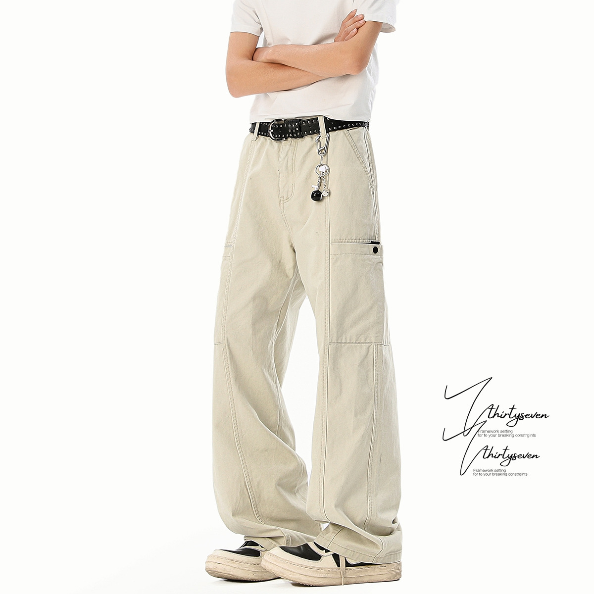 V37杏色cityboy裤子男