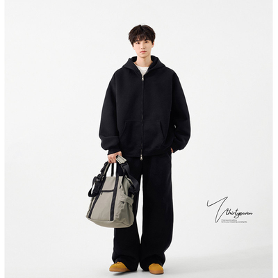 美式黑色双拉链连帽卫衣