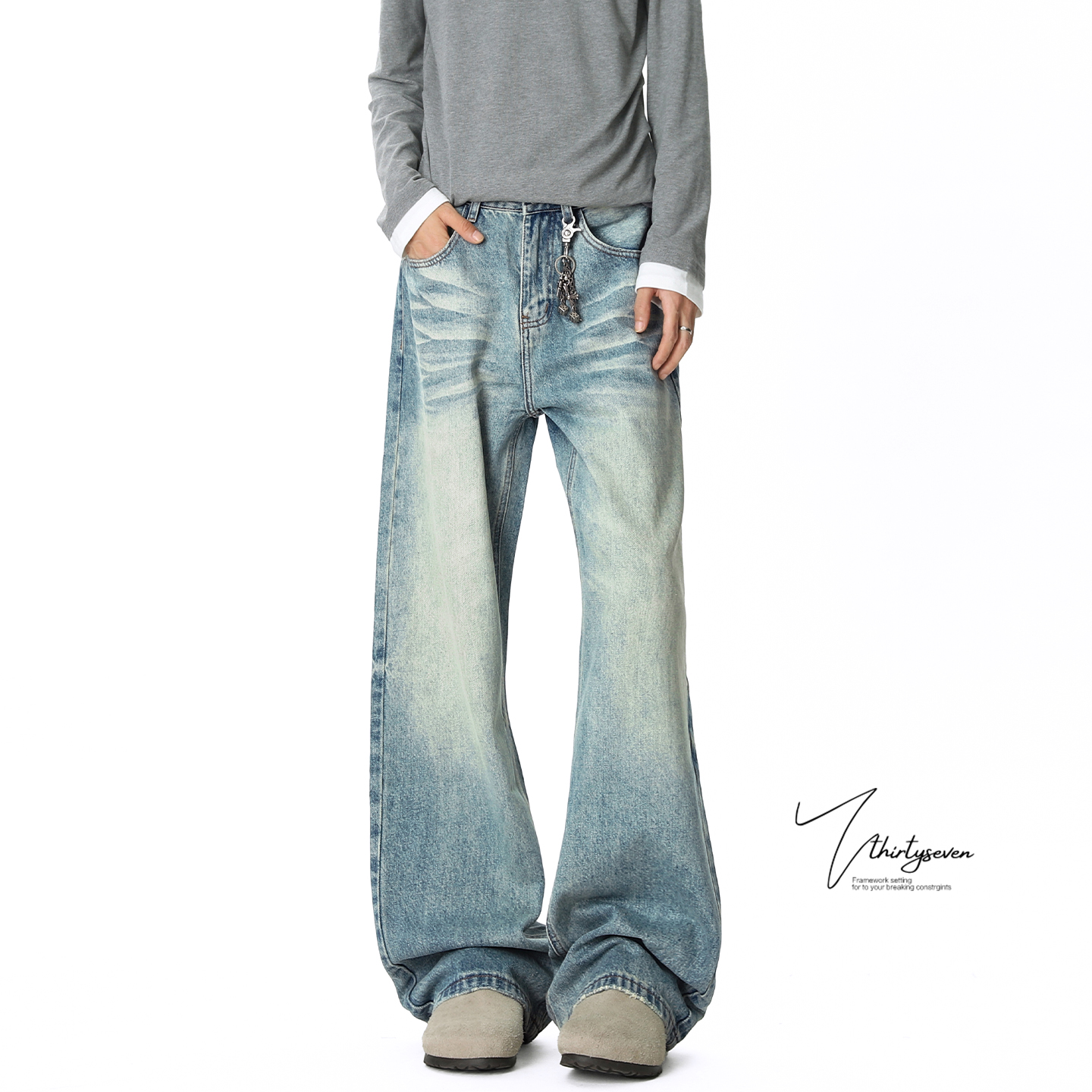 高街vintage水洗猫须牛仔裤男款