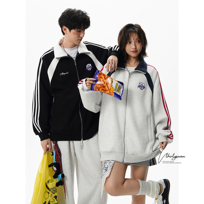 美式学院风三条杠拼接情侣夹克