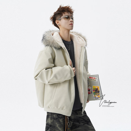 V37美式潮牌痞帅座山雕毛领连帽棉服男冬季宽松情侣加厚保暖外套