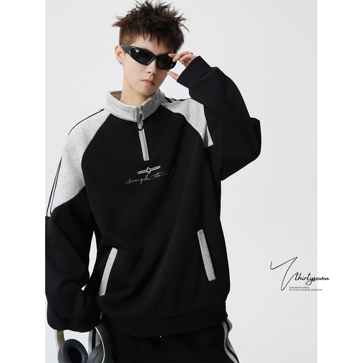 V37美式撞色拼接插肩袖运动套装男秋季潮牌青少年卫衣卫裤两件套