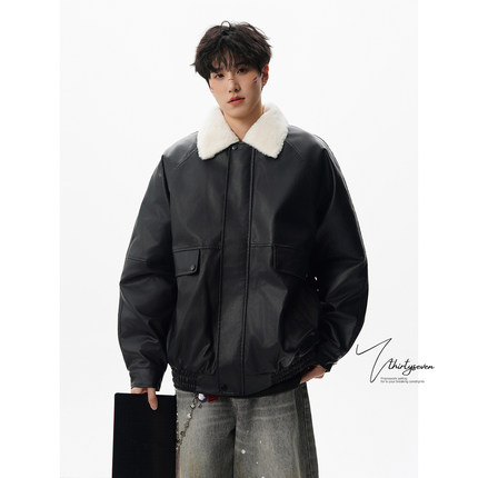 V37美式重磅羊羔绒翻领皮夹克棉服男秋潮牌设计感拼接情侣皮棉衣