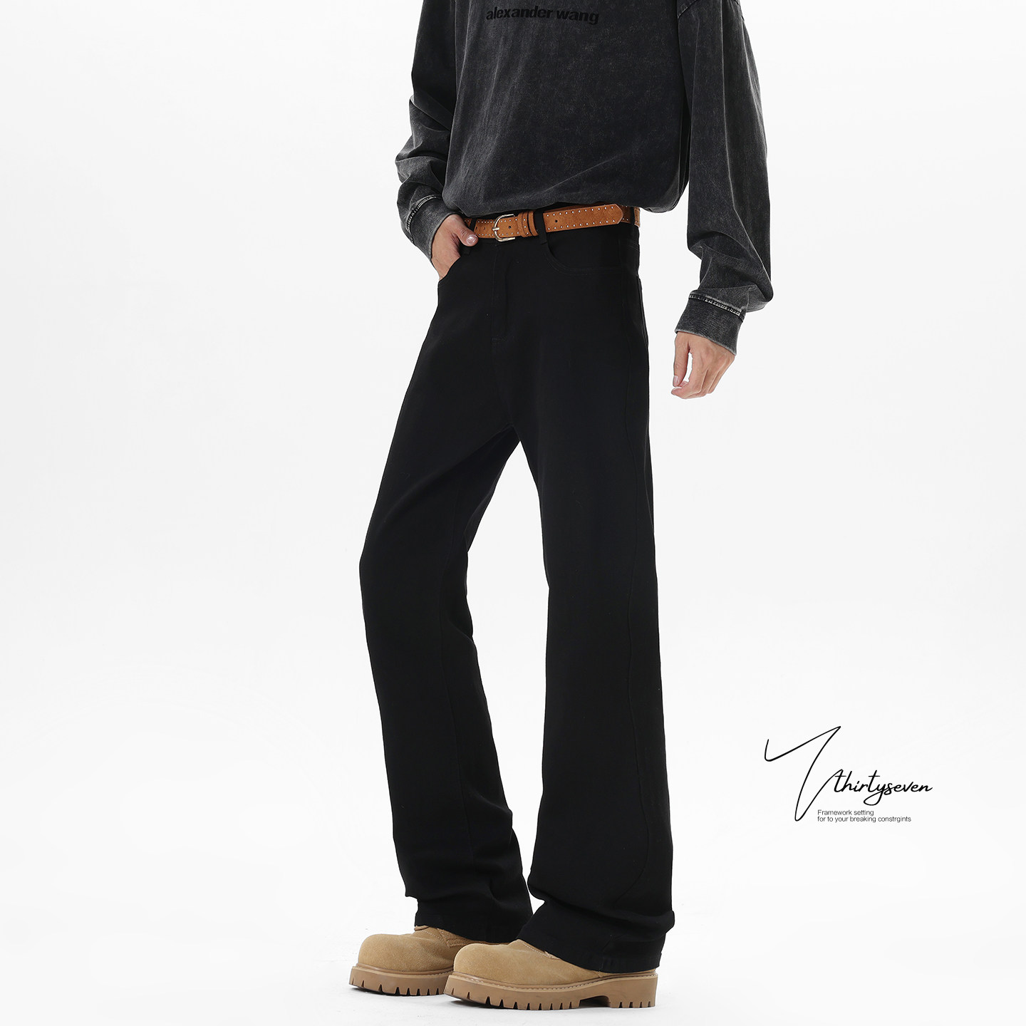 V37基础款弹力黑色微喇牛仔裤男春季美式街头显瘦修身百搭长裤子