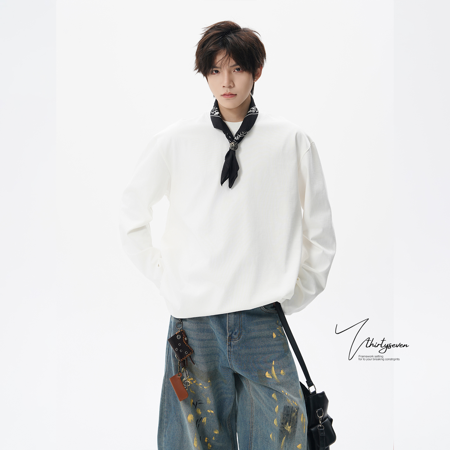 日系重磅白色纯棉长袖t恤男