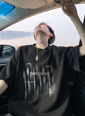 黑色重磅短袖t恤男秋季美式潮牌印花五分袖纯棉宽松休闲半袖上衣