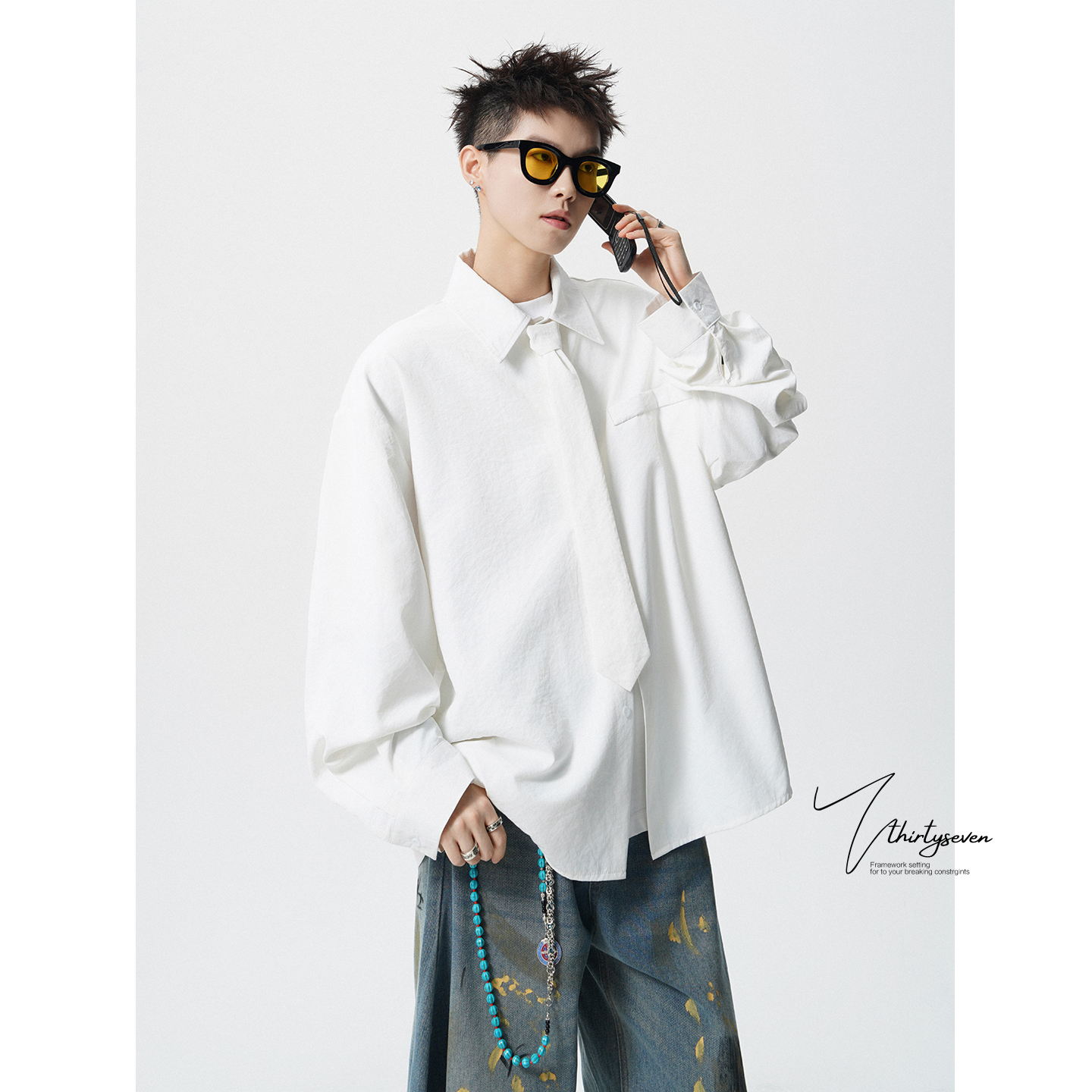 高级感假口袋白色衬衫男