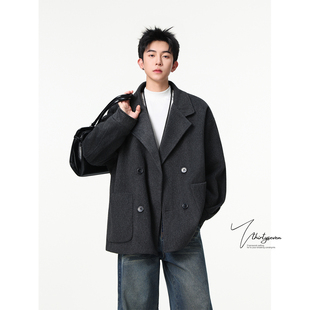 V37美式短款毛呢大衣男款秋冬季潮流高街英伦风雅痞男装西装外套