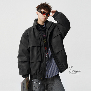 V37美式 宽松保暖外套青少年痞帅休闲上衣 大口袋立领羽绒服男冬季