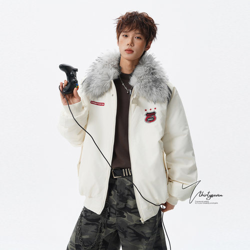 潮牌学院风徽章刺绣情侣棉服男