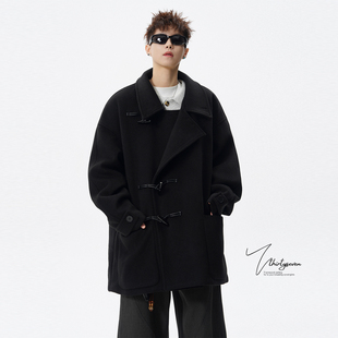 V37韩系氛围感保暖大翻领呢子外套男冬潮牌中长款 牛角扣毛呢大衣