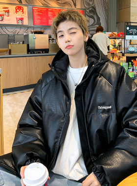 pu皮棉衣外套男冬季简约金属标连帽面包服青少年高街美式vibe棉服