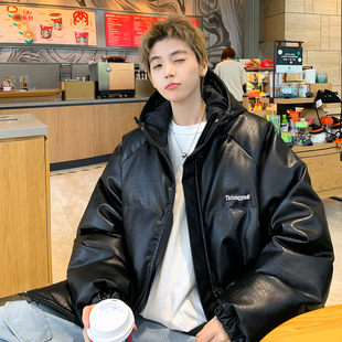 pu皮棉衣外套男冬季 vibe棉服 简约金属标连帽面包服青少年高街美式