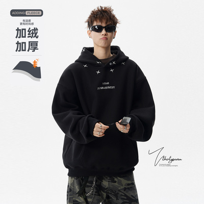美式潮牌十字刺绣连帽加绒卫衣男