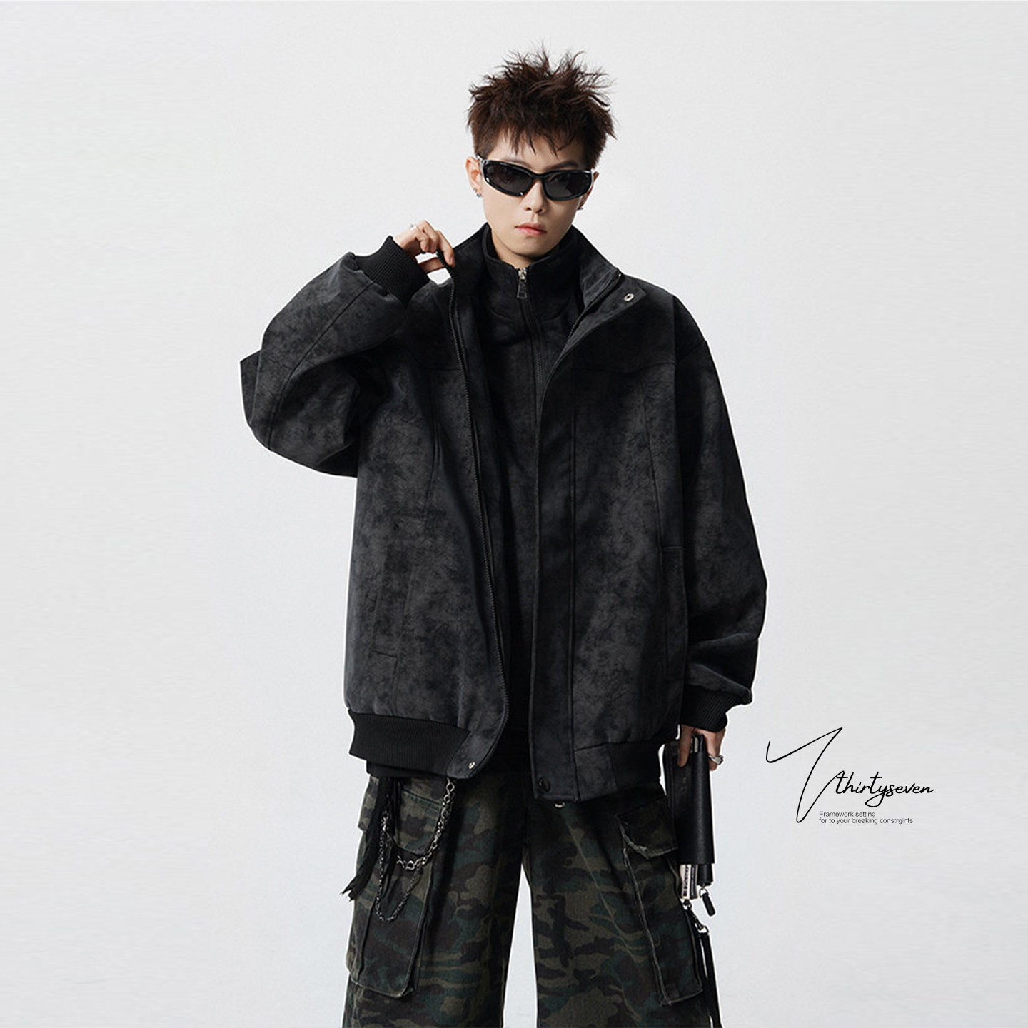 美式立领扎染PU皮衣外套