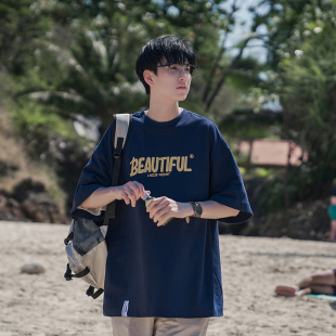 藏青色美式 青少年潮牌发泡印花宽松上衣 重磅纯棉短袖 t恤男女秋季