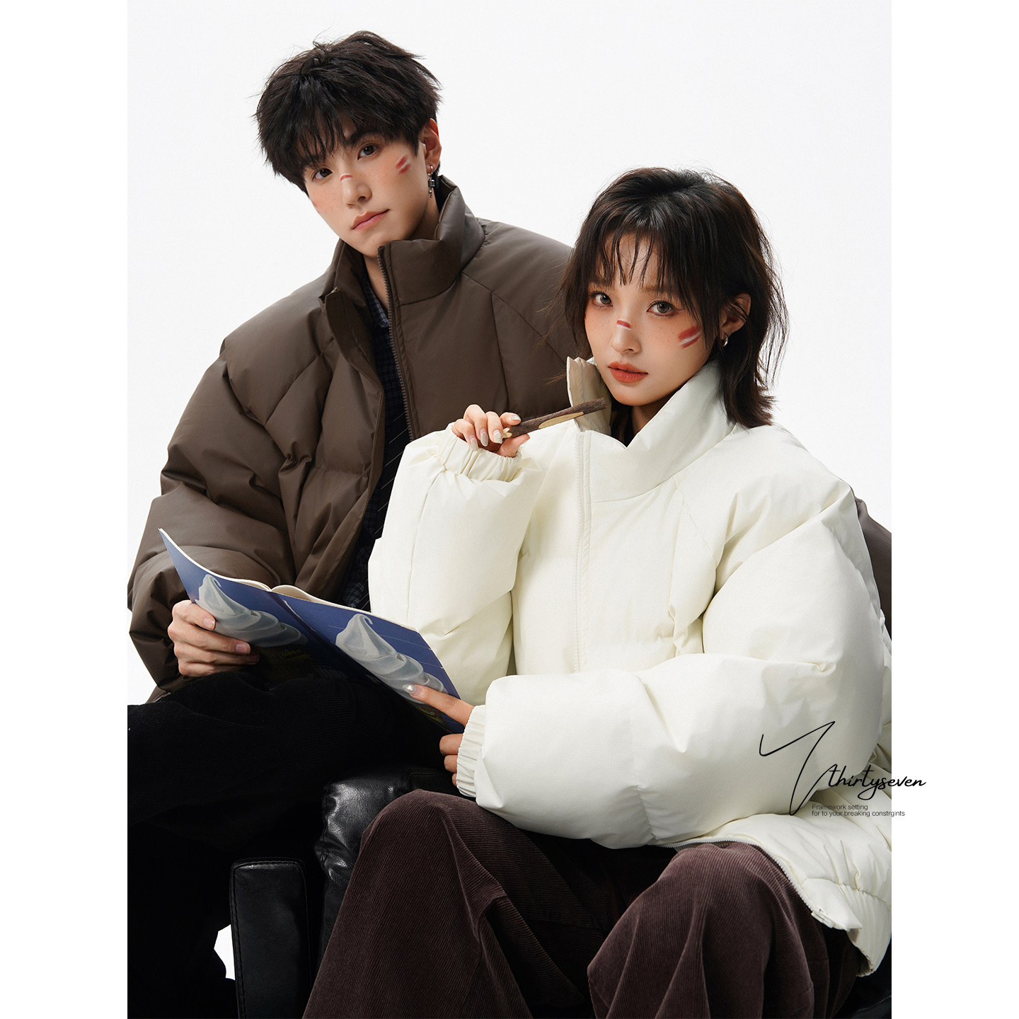 美式高级感咖色格子皮棉服