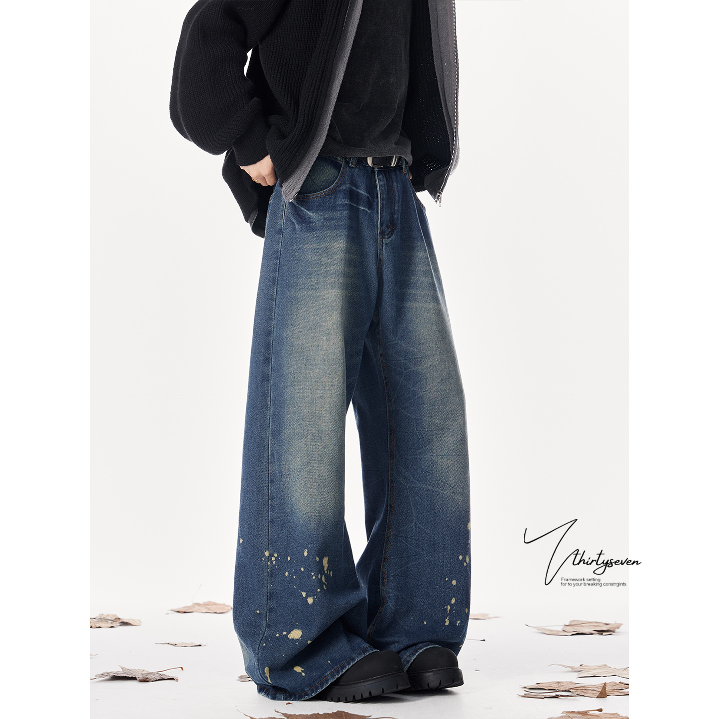 美式复古泼墨水洗蓝色弯刀牛仔裤