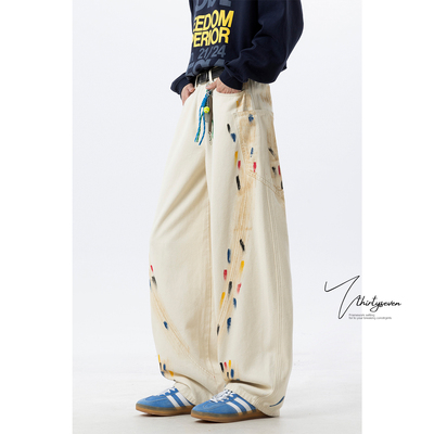 V37美式潮牌涂鸦牛仔裤男