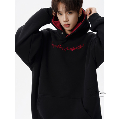 美式黑色重磅刺绣按扣连帽卫衣