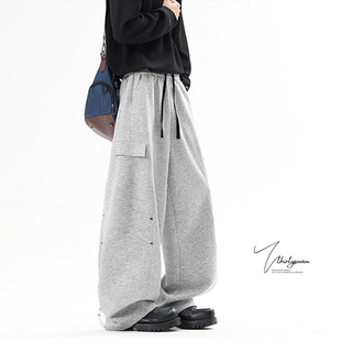 子宽松阔腿长裤 V37慵懒风灰色弯刀卫裤 嘻哈铆钉街舞裤 美式 男秋季