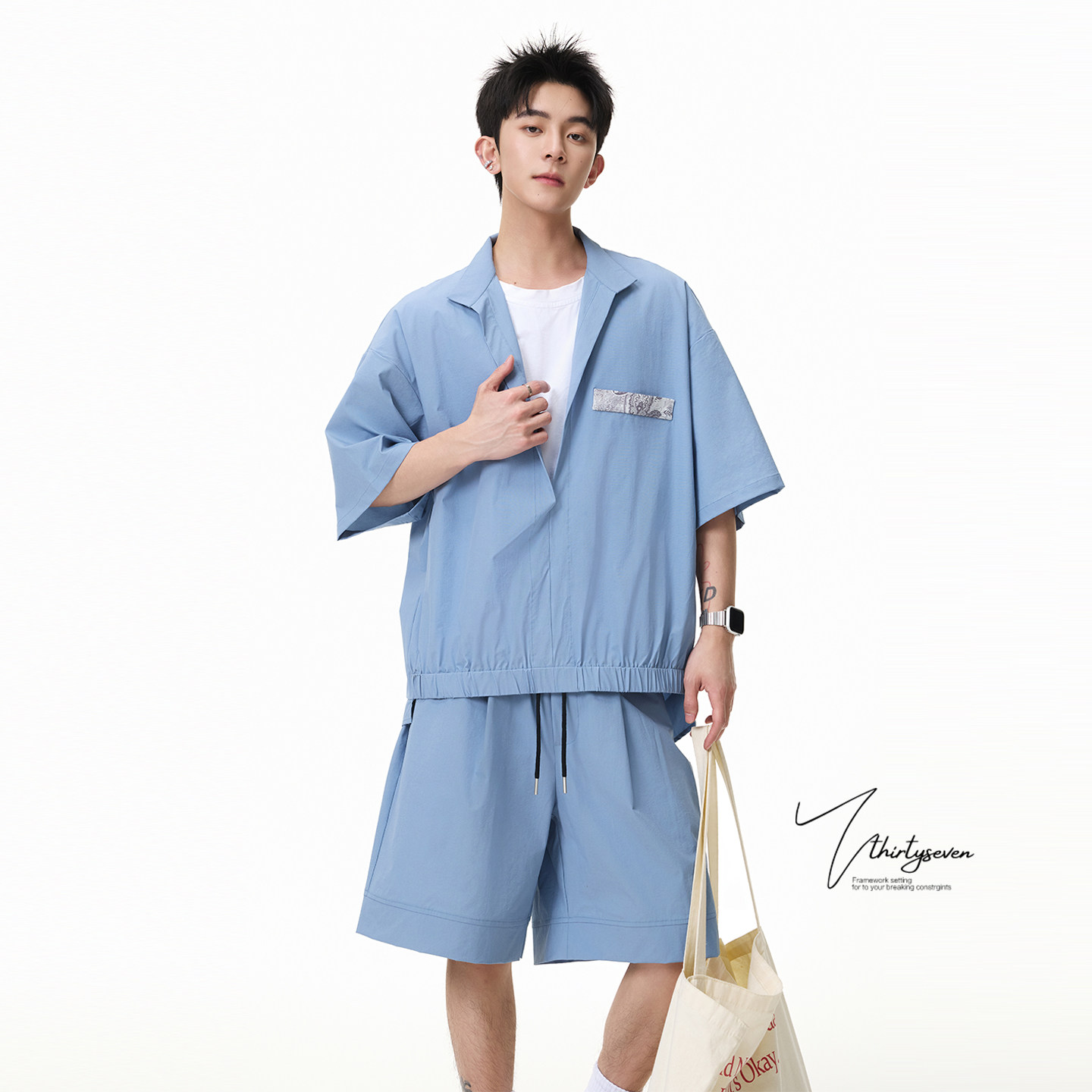 V37美式潮牌假两件休闲运动套装男夏季宽松慵懒风短袖短裤两件套