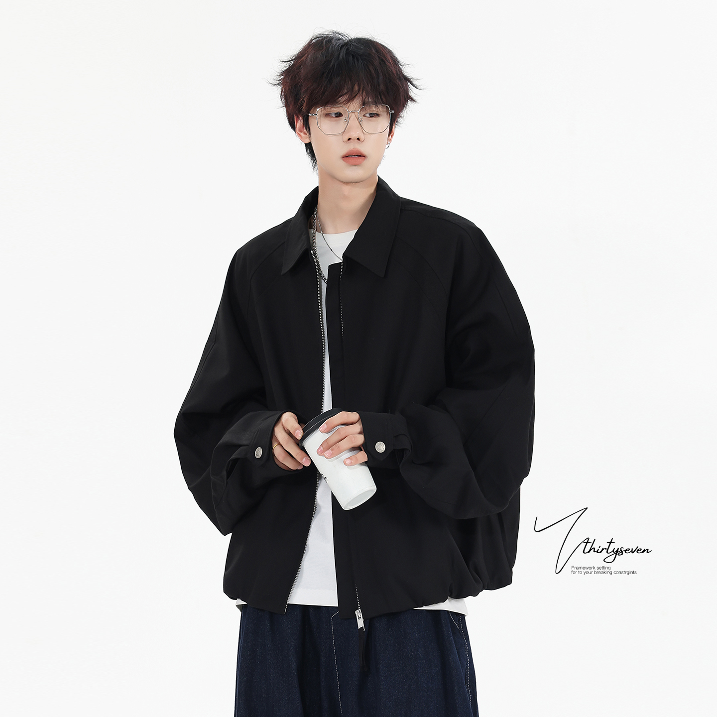 V37潮牌复古设计感翻领夹克男秋季高街痞帅百搭休闲情侣上衣外套