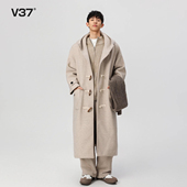 V37高级感牛角扣毛呢大衣男2025春秋季 加厚保暖长款 呢子连帽外套