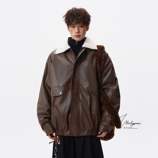 V37美式 高街加厚棉衣潮牌痞帅宽松外套 棕色羊羔毛翻领皮衣男冬季