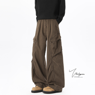 设计感宽松加绒休闲长裤 V37美式 男秋季 裤 解构咖色褶皱大口袋工装
