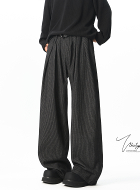 V37老钱风设计感褶皱黑色条纹西裤男春季潮牌hiphop垂感休闲裤子