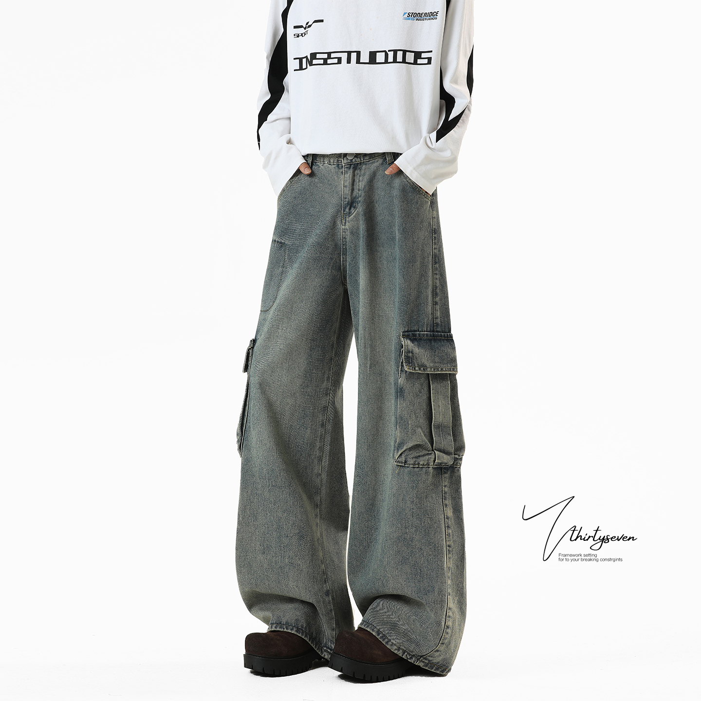 美式复古蓝工装牛仔裤男