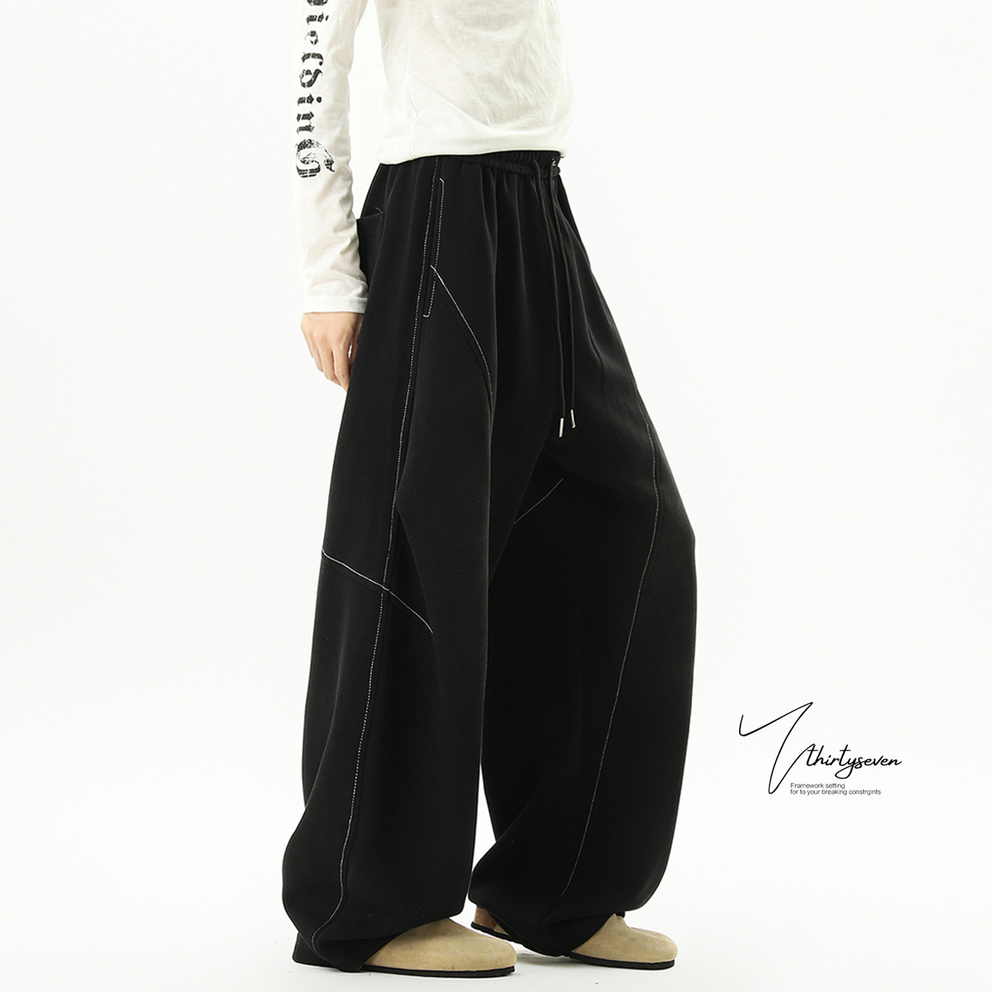 美式cleanfit明线拼接水洗卫裤