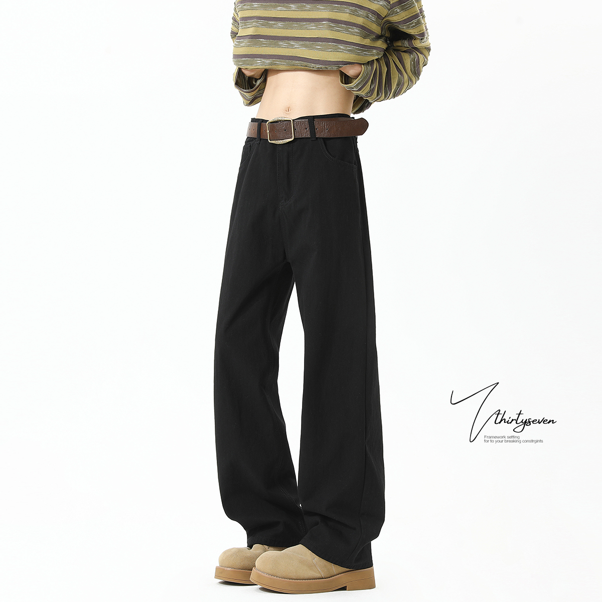 V37黑色阔腿裤子男款2025秋季新款青少年宽松直筒显瘦百搭休闲裤