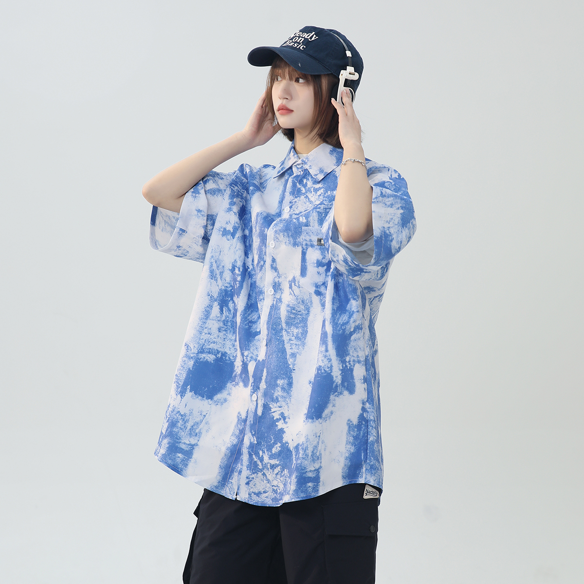 V37美式水洗扎染短袖衬衫男