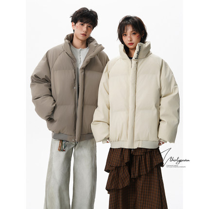 V37美式潮牌情侣款立领PU皮棉服男秋季高街痞帅刺绣保暖棉衣外套