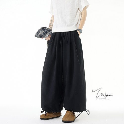 美式复古百搭抽绳阔腿灯笼裤男