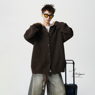 美式重磅慵懒风纽扣开衫毛衣男