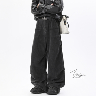 设计感压褶宽松休闲直筒裤 V37美式 男冬季 裤 子 街头复古水洗黑工装