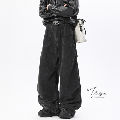 美式街头复古水洗黑阔腿工装裤男