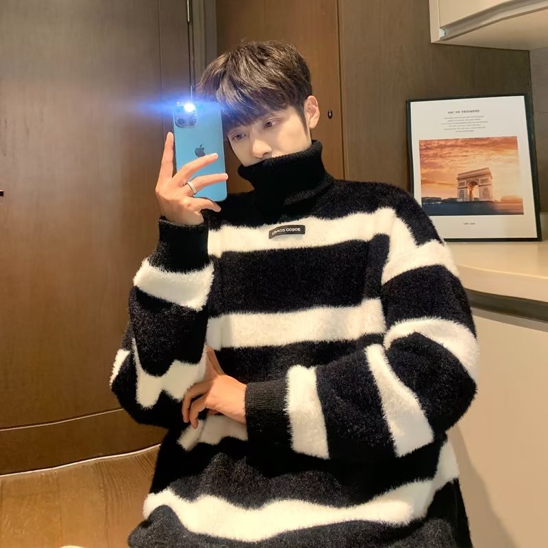 水貂绒黑白条纹高领毛衣男