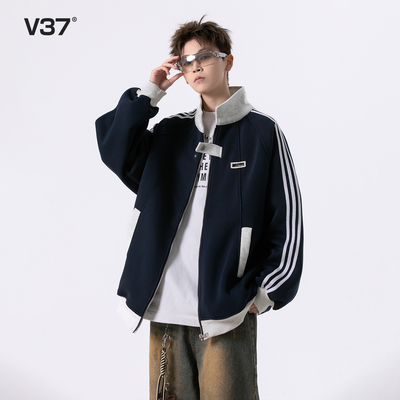 V37美式撞色三条杠棒球服男