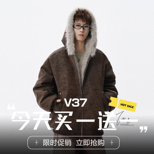 V37美式 重磅加厚保暖毛领连帽外套 高街痞帅座山雕PU皮棉衣男冬季